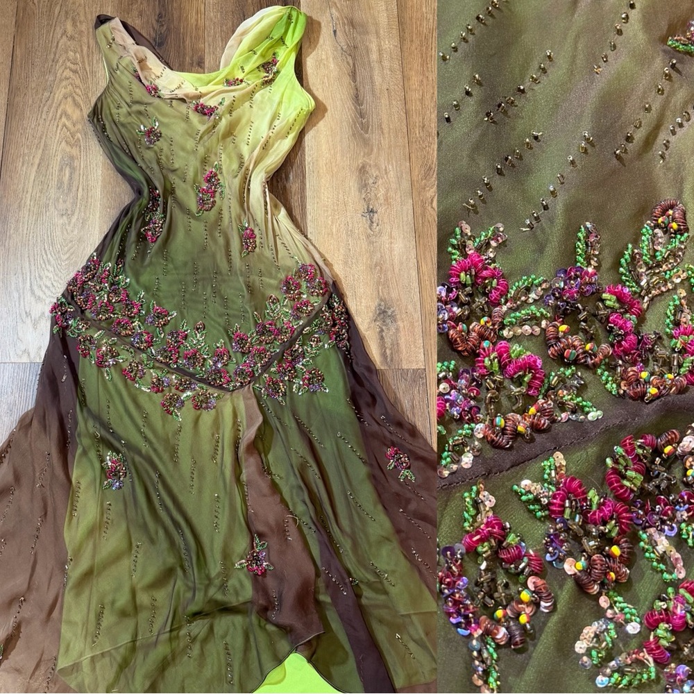 Vintage Y2K 100% Silk Beaded Dress Vintage Beaded Dress Fairy Prom Green Ombré